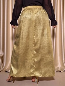 Cravure Christmas Plus Size Women's Elastic Waist Glittery Slit Hem Skirt, Suitable For Party And Evening Wear - Gold - View 2