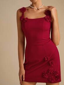 Enchnt Fall/Winter Romantic Women's Red 3D Floral Decor Square Collar Fitted Camisole Mini Dress,Chic&Elegant For Date&Wedding Guest&Prom&Party&Going Out&Halloween&Christmas,Autumn Dresses For Women,Fall Clothes For Women,Autumn Outfits For Women - Red - View 6