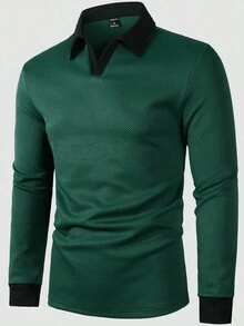 Manfinity Homme 男士休闲通勤撞色长袖Polo衫，时尚黑绿长袖衬衫，适合日常休闲、周末旅行、户外活动、探险旅行、轻松的工作环境或半正式场合，也是送给男友/丈夫、周年纪念日的理想礼物，秋季必备。 - 墨綠色 - 查看 6