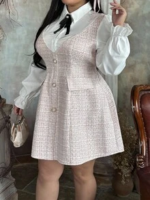 Lyrianda Plus Size V-Neck 2 In 1 Plaid Button Elegant Vacation/Party Dress For Women, Autumn/Winter