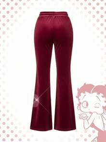 Betty Boop | ROMWE Y2K 天鹅绒卫衣和裤子字母图案水钻装饰 2 件套女款 - 酒紅色 - 查看 9