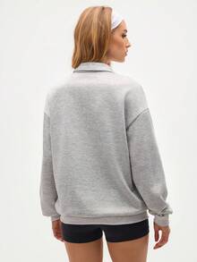 Gameset SHEIN Sport 女式休闲简约拉链半拉链口袋连帽衫，秋季 - 灰色 - 查看 2