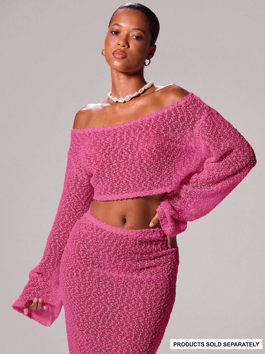 MUSERA Slash Neck Textured Knit Wide Long Sleeve Crop Top Cover Up Only Ibiza Sexy Vacation Holiday Spring Summer Beachwear Romantic Elegant Birthday