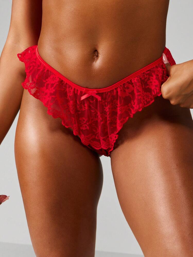 MISSGUIDED Delicate Lace Frilled Crotchless Intimates Thong With Floral Pattern Feminine Ruffled Design Holiday Valentine Day Night Special Gift