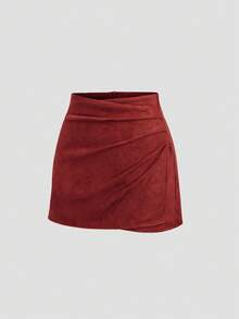 Sweetra Rok Bodycon Lipit Warna Maillard Gaya Italia Klasik, Seksi & Menawan untuk Musim Gugur/Dingin - Merah - View 3
