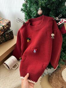 DAZY 女童圆领套头毛衣，适合秋季、新年和圣诞节穿着。 - 紅色 - 查看 6