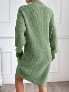 EURMUSE Women Plain Knit Design Knit Dress With Zipper Detail,Petite - Olive Green - View 5