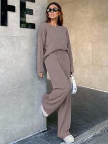 EURMUSE Women's Knitwear Co-Ords With Stitch Detail - Dusty Pink - View 6