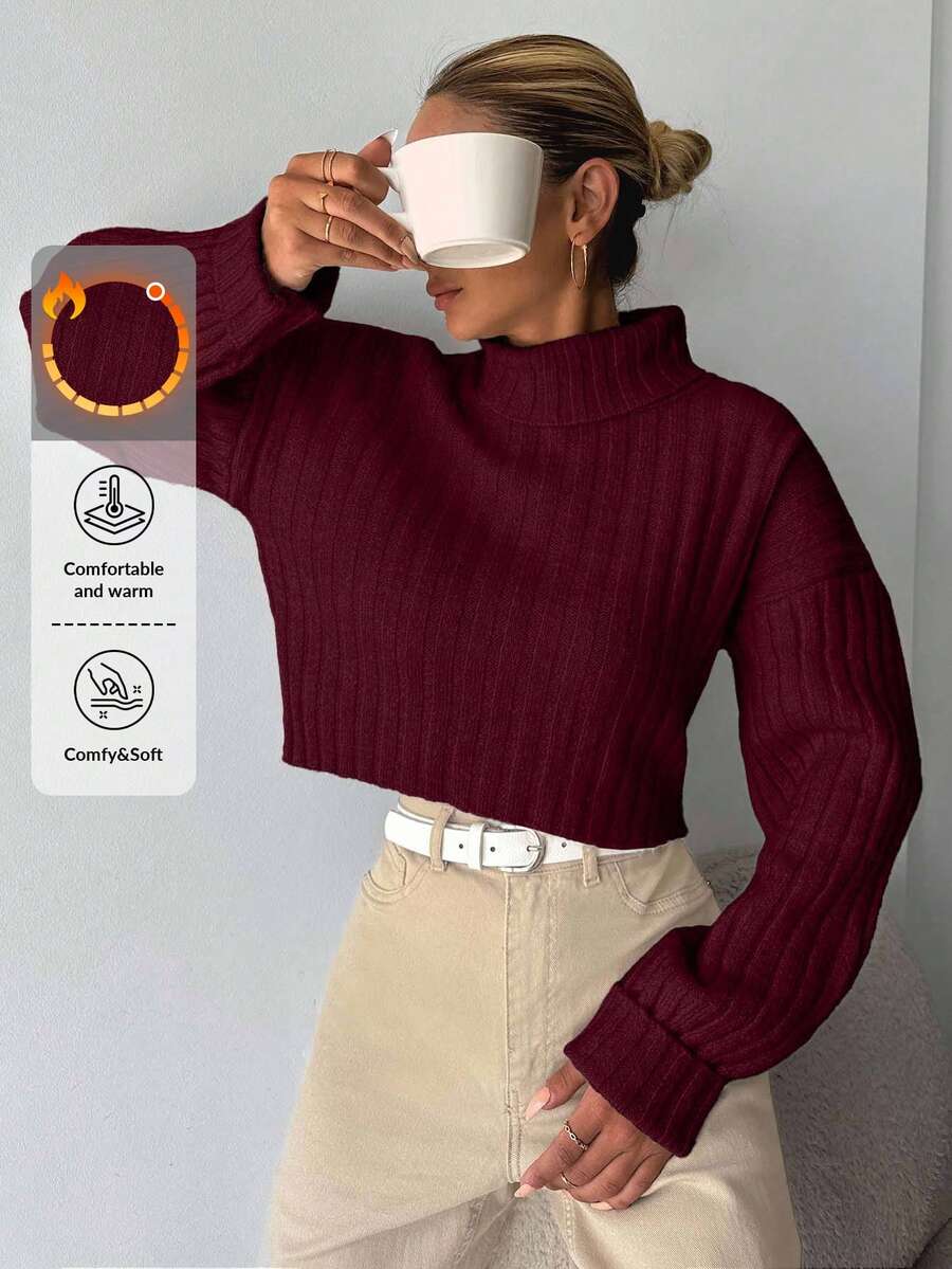 EURMUSE Women's Solid Color High Neck Drop Shoulder Long Sleeve Casual Sweater Burgundy - Burgundy - View 1