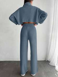 EURMUSE 2pcs Women Solid Color Lantern Sleeve Sweater And Knitted Long Pants Set,Petite,Winter Clothes - Baby Blue - View 2