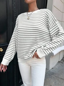 EURMUSE Women's Striped Drop Shoulder Sweater - Light Grey - View 5