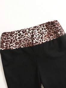 2pcs Young Girl Solid Color Patchwork Leopard Print Casual T-Shirt And Flare Pants Set,SHEIN Serisse Kids Tween Girls Color Block Leopard Print Off Shoulder Long Sleeve Crop Top And Flared Pants 2 Pieces Set, Fashion Outfit, Suitable For Daily Wear, Back To School,Mon And Daughter Matching,Sister And Me