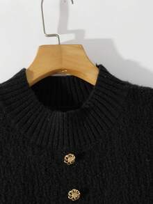 Franclia 女式优雅纽扣设计无袖针织连衣裙，秋季 - 黑色 - 查看 3