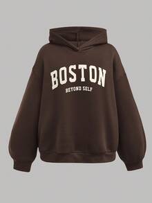 SHEIN Girlism 2件套少女纯色字母印花连帽运动衫和工装裤休闲装 - 棕色 - 查看 6
