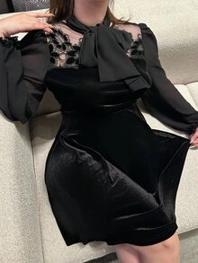 Flirla Gaun Ukuran Plus Elegan dengan Detail Renda Kontras dan Leher Berikat - Hitam - View 7