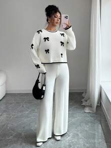 SHEIN Elenzya 女士宽松休闲圆领蝴蝶结提花毛衣和阔腿裤两件套，秋冬 - 杏色 - 查看 5