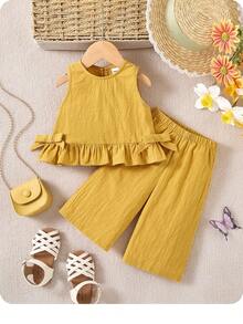 女婴可爱纯色荷叶边下摆吊带背心和裤子 2 件套套装，夏季