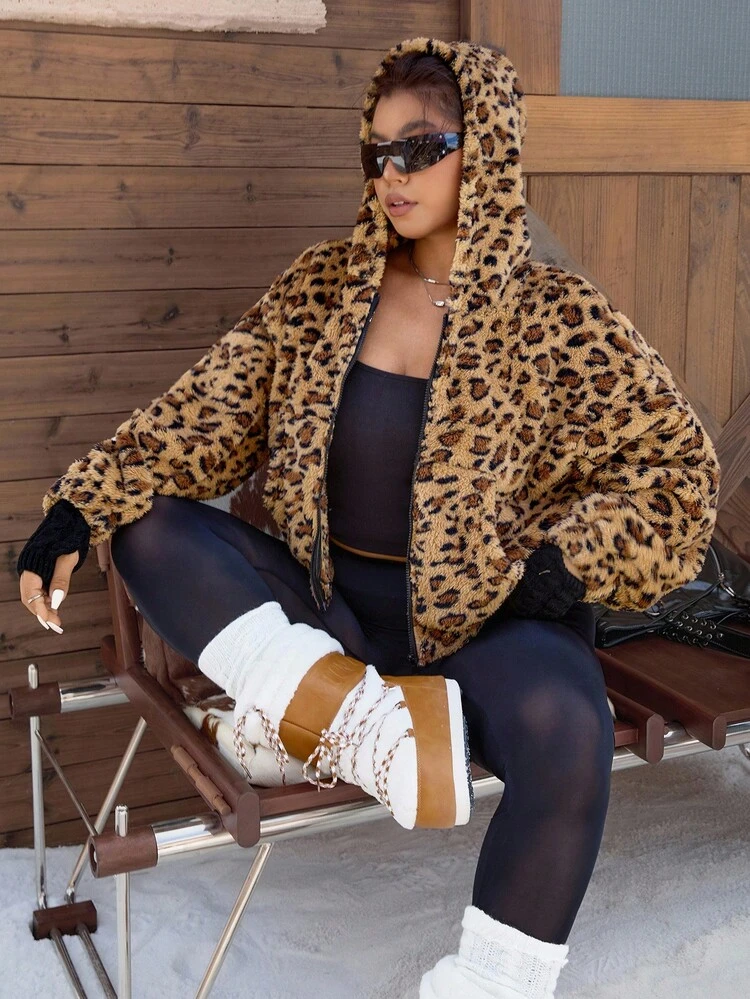 SHEIN EZwear プラスサイズ レオパード柄 ジップアップ フーデッド 