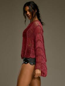 MUSERA 斜领破洞流苏串珠长袖上衣，西部乡村风，秋季街头服饰，节日优雅，Y2K性感可爱波西米亚风，中西部晚宴派对优雅春季毛衣，情人节假日 - 紅色 - 查看 3