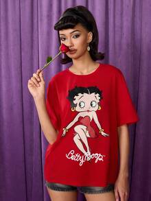 Betty Boop x SHEIN 女士休闲日常通勤时尚街头性感卡通人物和字母图案落肩宽松 T 恤，夏季 - 紅色 - 查看 7