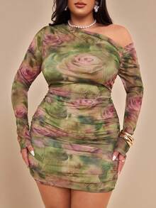 SHEIN BAE 大码女式长袖褶饰不对称不对称领口绿色花卉印花迷你连衣裙，秋冬 - 綠色 - 查看 6