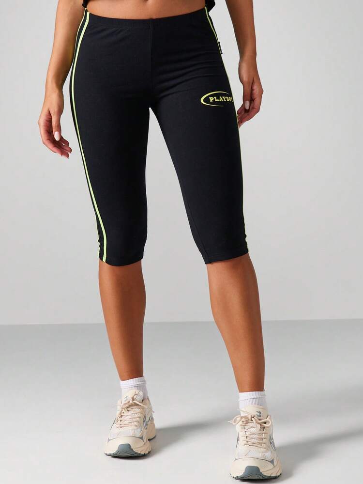 Missguided x Playboy Mid Length Cycle Style Capri Leggings With Neon Stripes Bunny Print For Evening Wear Party Club Festival