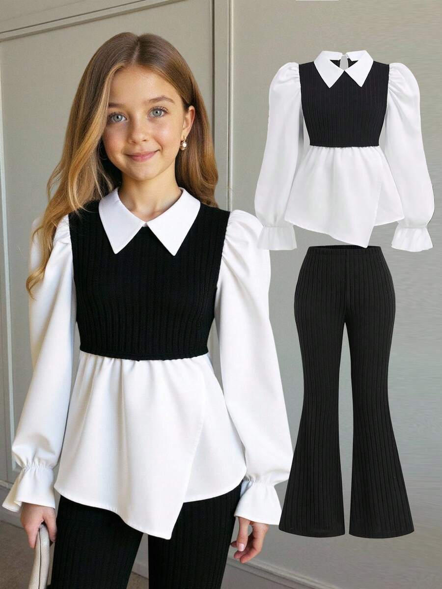 SHEIN Tween Girls Ribbed Collared Shirt & Flare Pants Co-Ord Set, Elegant For Commute And Back To School