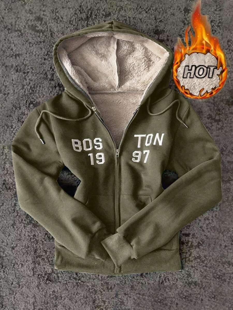 INAWLY New Letter Embroidery Casual College Style Fashion Comfortable Women Jacket Sweatshirt - Dark Green - View 1