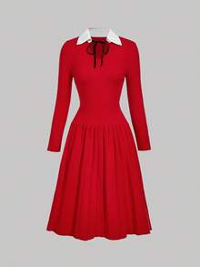 SHEIN MOD 女式休闲拼色领褶下摆长袖毛衣裙，秋季 - 紅色 - 查看 2