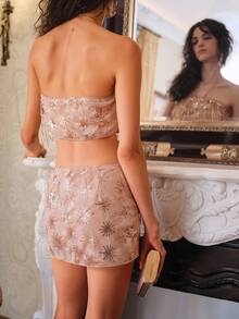 SHEIN Glamour SHEIN Elegant Flowing Tassel Design, Apricot Pink Color, Captivating Feminine Fashion Embellished Semi-Sheer Skirt, Perfect For Party Occasions.