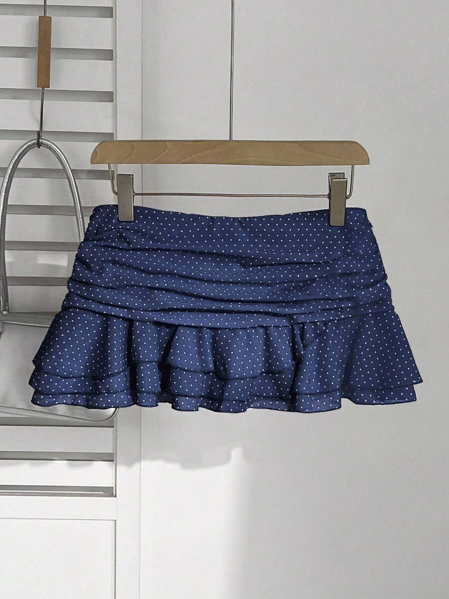 Elamini Váy ngắn xếp ly nhiều lớp thời trang thiết kế ngọt ngào chấm bi quyến rũ viền xếp nếp phong cách nghỉ dưỡng váy chữ A - Màu xanh hải quân - Xem 1