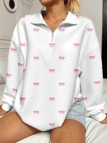 Veykashi 学院风百搭休闲粉色蝴蝶结图案女式大码宽松半拉链高领卫衣，适合秋冬季节，秋季女式卫衣，白色卫衣可爱卫衣女式可爱衬衫卫衣女式卫衣 - 彩色 - 查看 5