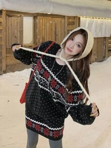 DAZY Conjunto Casual de 2 Peças com Suéter de Malha Folgado de Manga Longa com Estampa de Floco de Neve e Saia Midi de Malha, Outono/Inverno, Natal, Ano Novo - Multicolorido - Visão 3