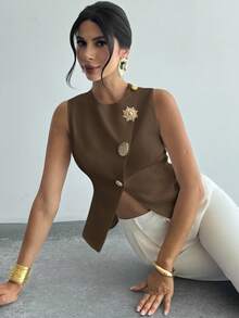 Firerie Damen elegante, raffinierte romantische Pendler-Mode Tägliche Metall-Knopf Taille A-Linie Saum ärmelloses weißes Blusen-Top - Kaffeebraun - Übersicht 5