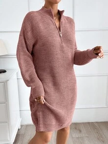 EURMUSE Women Plain Knit Design Knit Dress With Zipper Detail,Petite - Rusty Rose - View 2