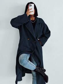 EURMUSE Women's Solid Color Lapel NeckLong Sleeve Long Casual Overcoat - Navy Blue - View 5