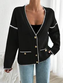 EURMUSE Women Solid Color Deep V-Neck Handmade Stitch Detailed Cardigan - Black - View 6