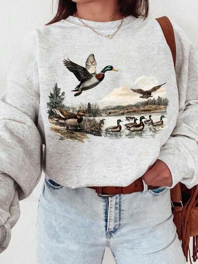 EMERY ROSE Women's Casual Loose Round Neck Long Sleeved Sports Shirt With Duck Animal Pattern Printed, Autumn And Winter Clothing
