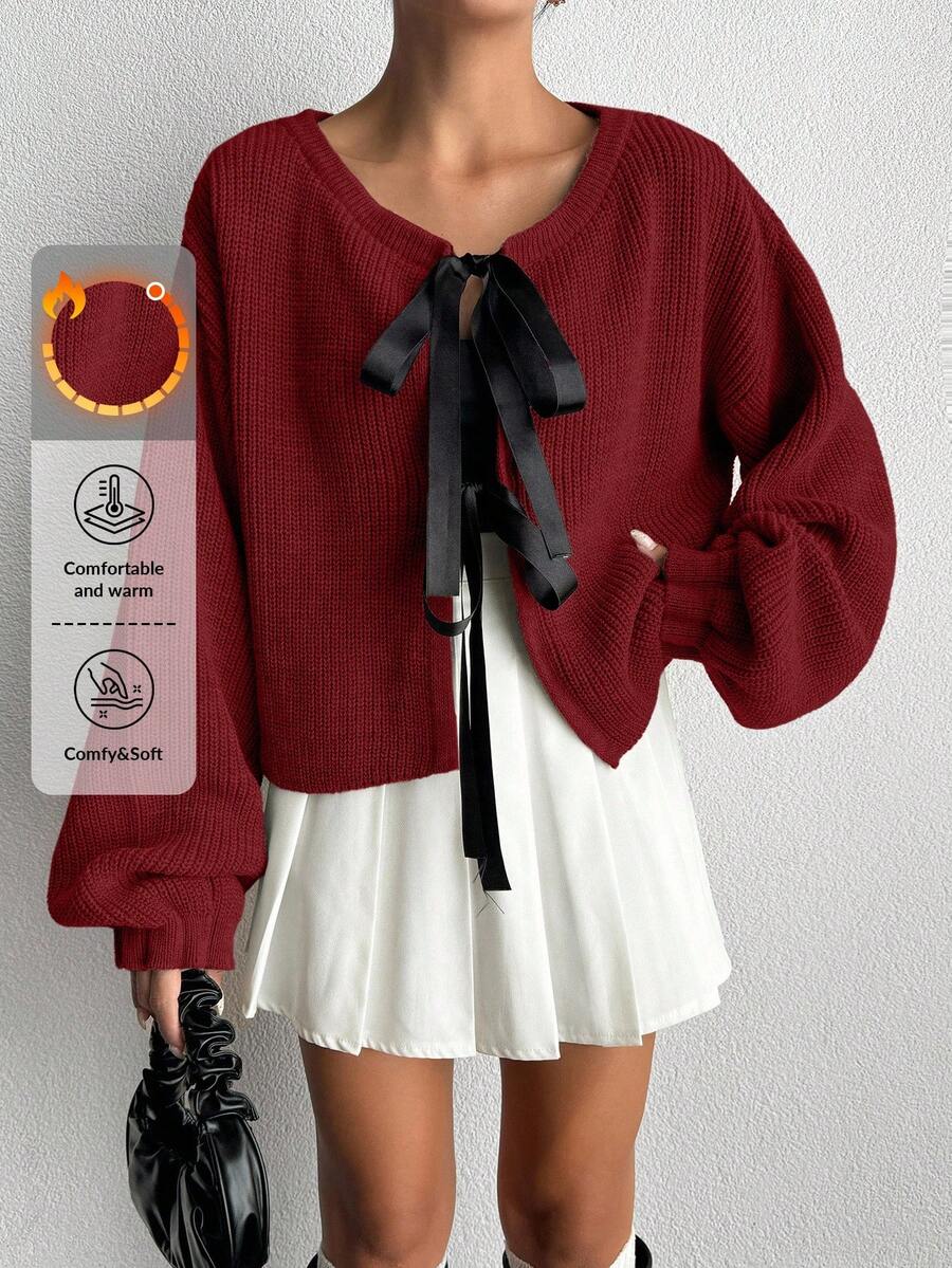 EURMUSE Women's Dropped Shoulder Long Sleeve Bowknot Knit Cardigan - Burgundy - View 1