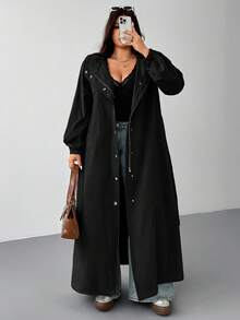 SHEIN EZwear Plus Size Hooded Water-Resistant Long Windbreaker, Autumn/Winter - Black - View 5