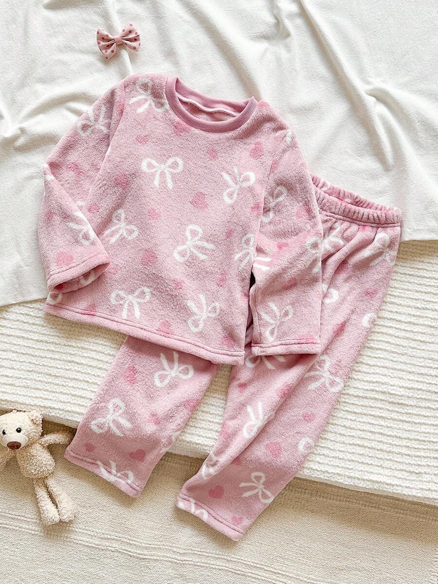 2 件套女童睡衣套装，粉色蝴蝶和心形法兰绒印花，舒适柔软羊毛圆领长袖上衣和裤子，适合日常穿着或家居服 - 粉色 - 查看 1