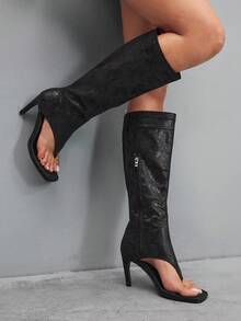 CUCCOO SZL Women's New Fashion Thong Boots Knee-High Boots, Square Toe High Heel, Spring/Summer For Christmas Spring Shoes - Black - View 1