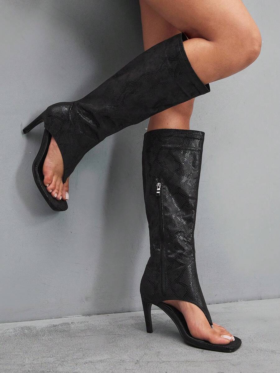 CUCCOO SZL Women's New Fashion Thong Boots Knee-High Boots, Square Toe High Heel, Spring/Summer For Christmas Spring Shoes - Black - View 1