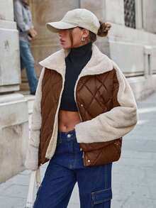 SHEIN Cottnline Padded Jacket With Fur Collar And Patchwork, Two Pockets At Front, Snap Buttons, Quilting Details Streetwear - Brown - View 3