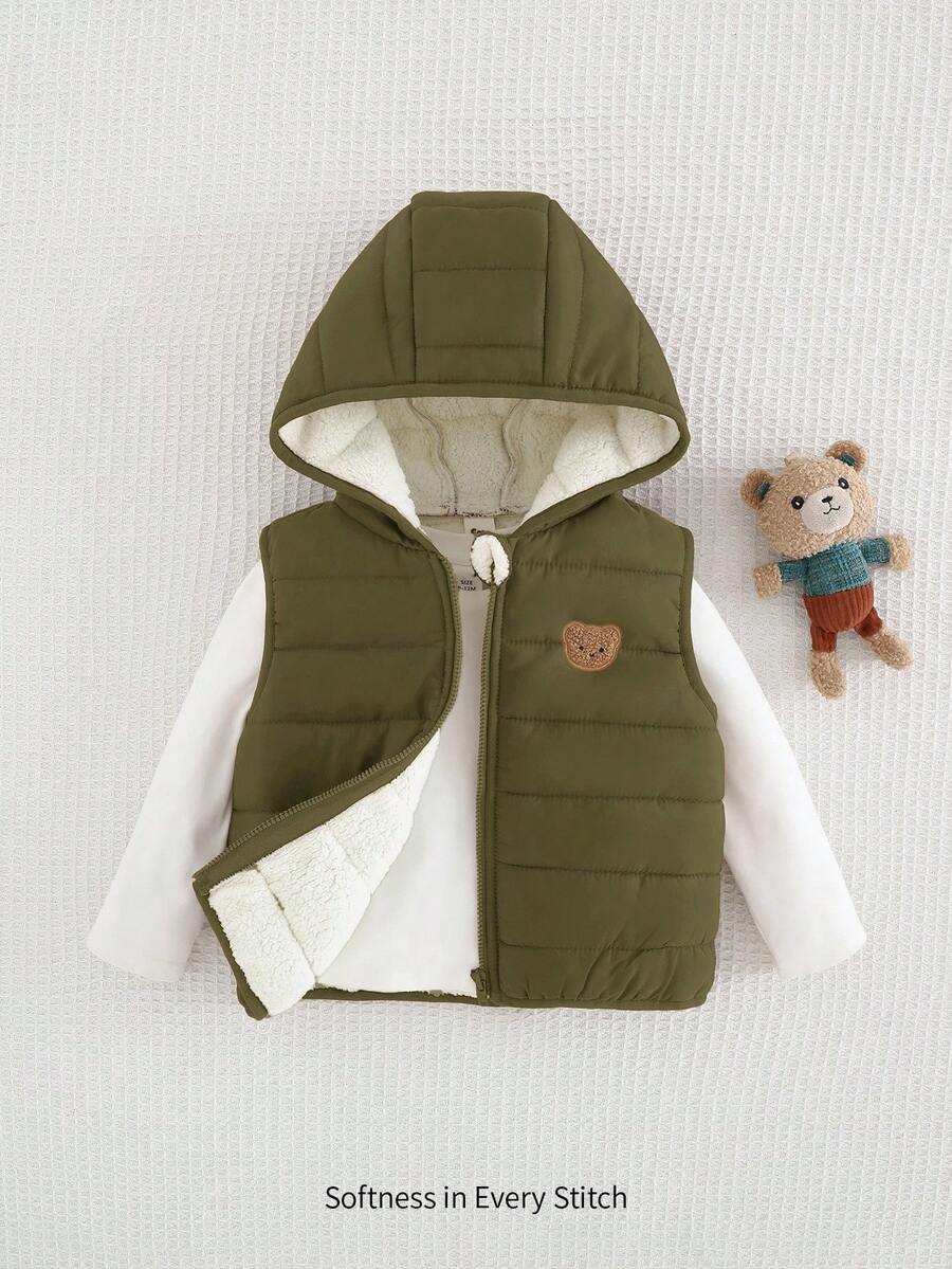 Cozy Pixies 男婴卡通熊图案连帽羊毛无袖开衫外套，冬季