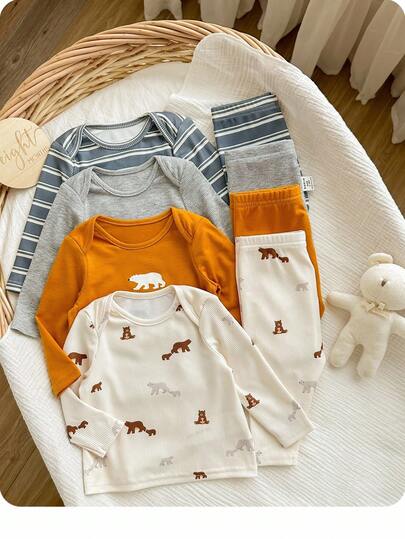 新生婴儿男童/女童休闲可爱卡通图案针织弹力长袖睡衣套装