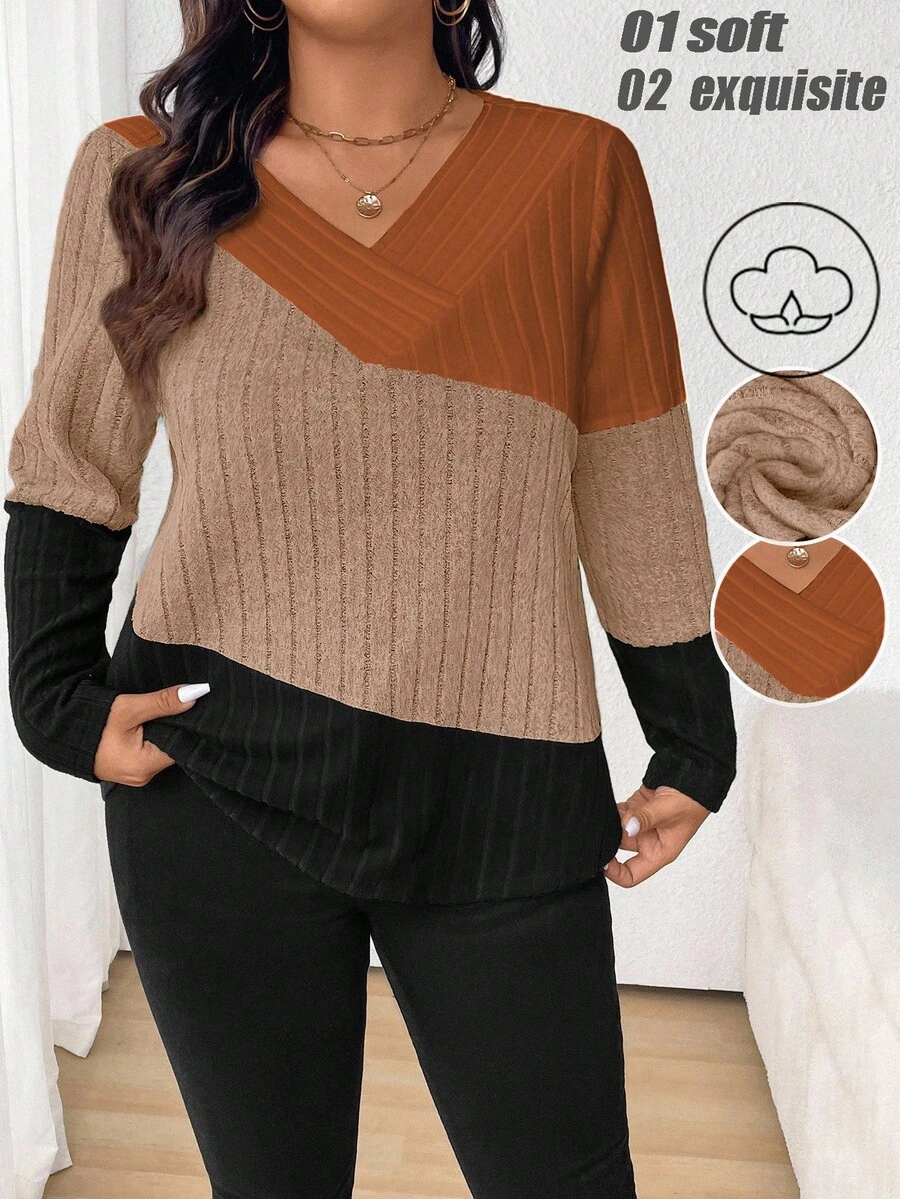 SHEIN Camiseta de talla grande con bloqueo de color para primavera y otoño, camisetas gráficas para mujeres - Multicolor - Ver 1