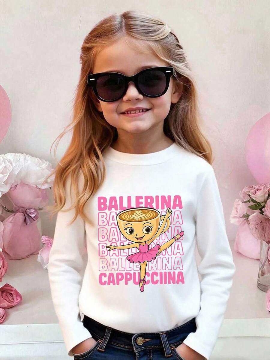 Sparklyn Young Girls Casual Fashionable Cute Ballerina & Coffee Cup Cartoon Print Long Sleeve T-Shirt, Comfortable Children Clothing, Round Neck Long Sleeve Ballerina Cappuccina White Long Sleeve T-Shirt, Tops, Fall Clothing - White - View 1