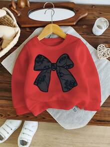 Modischer, süßer und niedlicher Sweatshirt für Kleine Mädchen mit Schleifen-Muster und Rundhalsausschnitt, bequemer und vielseitiger Pullover-Sweatshirt für Herbst/Winter, Weihnachten - Rot - Übersicht 1