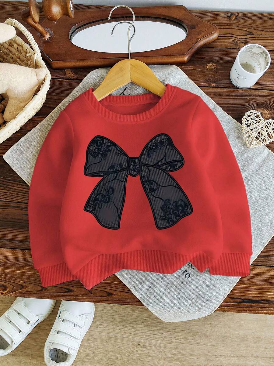 Modischer, süßer und niedlicher Sweatshirt für Kleine Mädchen mit Schleifen-Muster und Rundhalsausschnitt, bequemer und vielseitiger Pullover-Sweatshirt für Herbst/Winter, Weihnachten - Rot - Übersicht 1